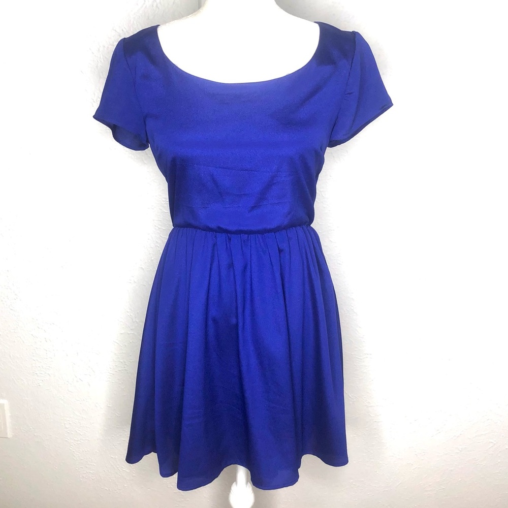 Royal Blue Short Sleeve Open Back Skater Dress